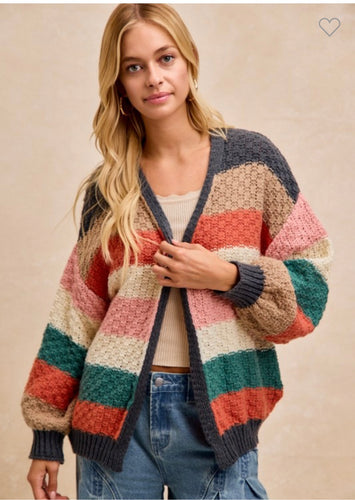 Colorful Striped Waffle Knit Cardigan Sweater