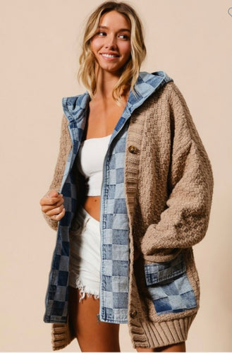 Denim Checkered Zip-up Sweater